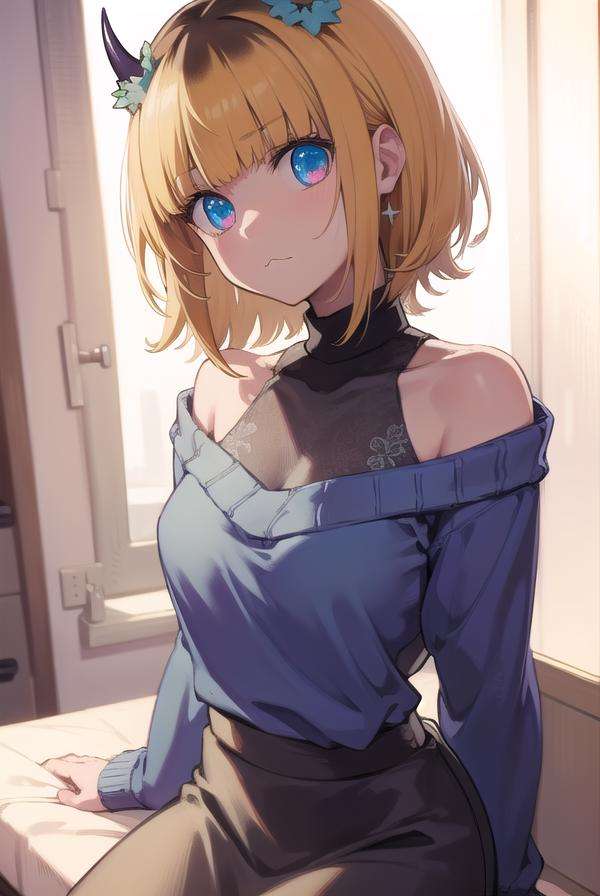 memcho, <lora:memcho-lora-nochekaiser:1>,memcho, blonde hair, blue eyes, blunt bangs, demon horns, fake horns, horns, short hair,BREAK bare shoulders, black skirt, (blue sweater:1.5), long sleeves, off shoulder, off-shoulder sweater, puffy sleeves, skirt, sweater, white ribbon,BREAK looking at viewer,BREAK indoors,BREAK <lyco:GoodHands-beta2:1>, (masterpiece:1.2), best quality, high resolution, unity 8k wallpaper, (illustration:0.8), (beautiful detailed eyes:1.6), extremely detailed face, perfect lighting, extremely detailed CG, (perfect hands, perfect anatomy),