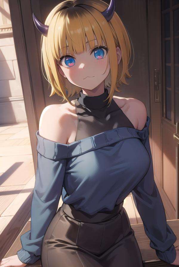 memcho, <lora:memcho-lora-nochekaiser:1>,memcho, blonde hair, blue eyes, blunt bangs, demon horns, fake horns, horns, short hair,BREAK bare shoulders, black skirt, (blue sweater:1.5), long sleeves, off shoulder, off-shoulder sweater, puffy sleeves, skirt, sweater, white ribbon,BREAK looking at viewer,BREAK indoors,BREAK <lyco:GoodHands-beta2:1>, (masterpiece:1.2), best quality, high resolution, unity 8k wallpaper, (illustration:0.8), (beautiful detailed eyes:1.6), extremely detailed face, perfect lighting, extremely detailed CG, (perfect hands, perfect anatomy),