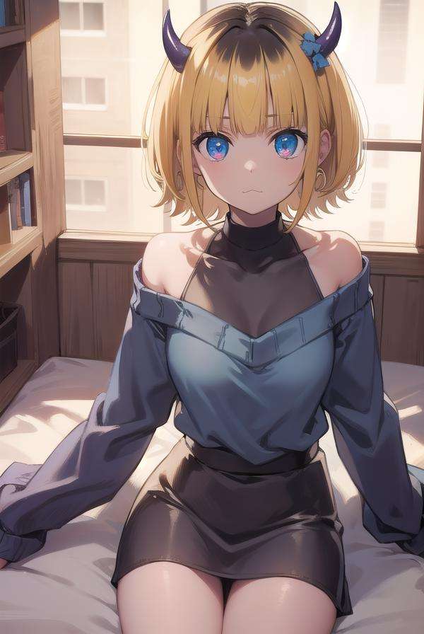 memcho, <lora:memcho-lora-nochekaiser:1>,memcho, blonde hair, blue eyes, blunt bangs, demon horns, fake horns, horns, short hair,BREAK bare shoulders, black skirt, (blue sweater:1.5), long sleeves, off shoulder, off-shoulder sweater, puffy sleeves, skirt, sweater, white ribbon,BREAK looking at viewer,BREAK indoors,BREAK <lyco:GoodHands-beta2:1>, (masterpiece:1.2), best quality, high resolution, unity 8k wallpaper, (illustration:0.8), (beautiful detailed eyes:1.6), extremely detailed face, perfect lighting, extremely detailed CG, (perfect hands, perfect anatomy),