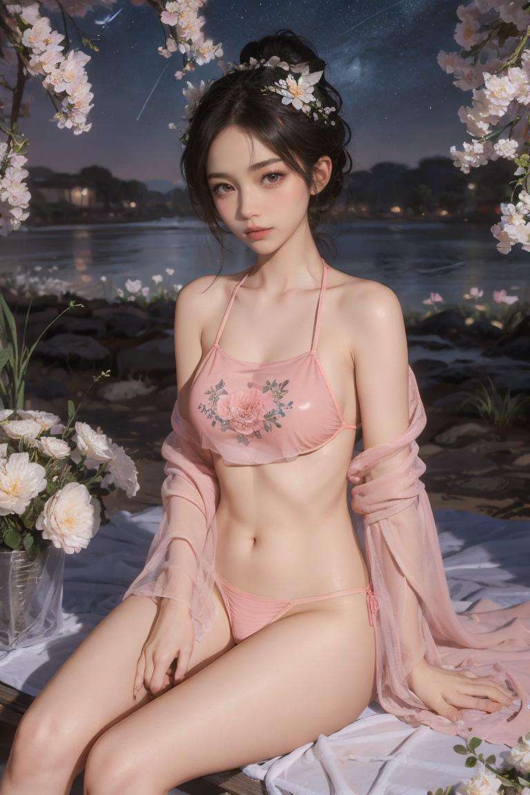 1girl,solo,flower,underwear,hair ornament,panties,pink panties,sitting,black hair,looking at viewer,see-through,shawl,hair flower,pink bikini,<lora:训练83肚兜:0.6:角色>,meadow, starry sky, 