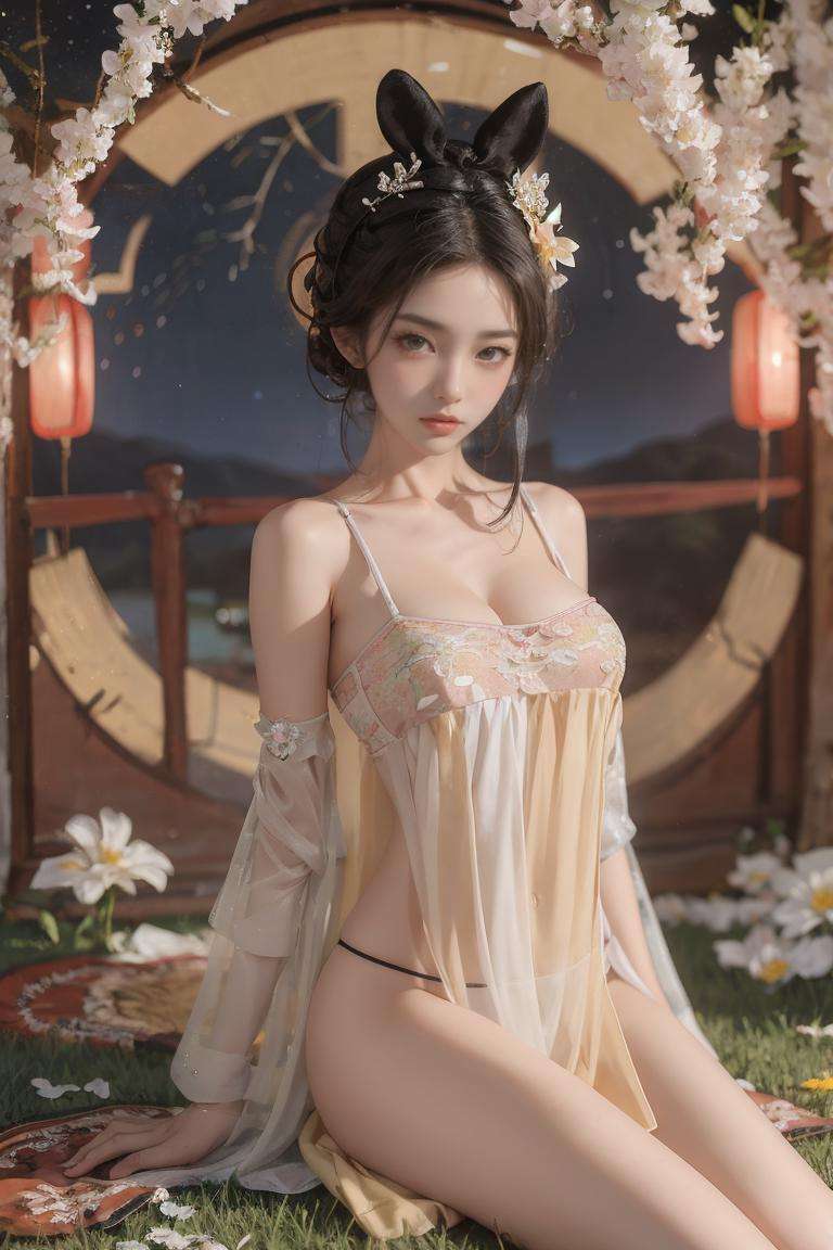 1girl,see-through,flower,looking at viewer,chinese clothes,hair ornament,underwear,panties,black hair,<lora:训练91古风:0.8:服装>,meadow,starry sky,arms_behind_back,sitting,large breasts, 