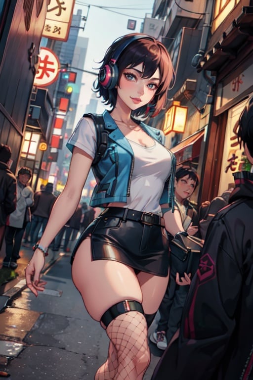 Bokeh, raw, dappled light on a gorgeous smiling 30 year old french woman with colorful wavy short hair,wearing white t-shirt and blue vest with tartan miniskirt and black fishnet stockings,listening music with headphones, walking in tokyo alley,crowd,people in the background,dutch angle,dynamic pose, (background: tokio, tokio alley, cyberpunk style),night, night light