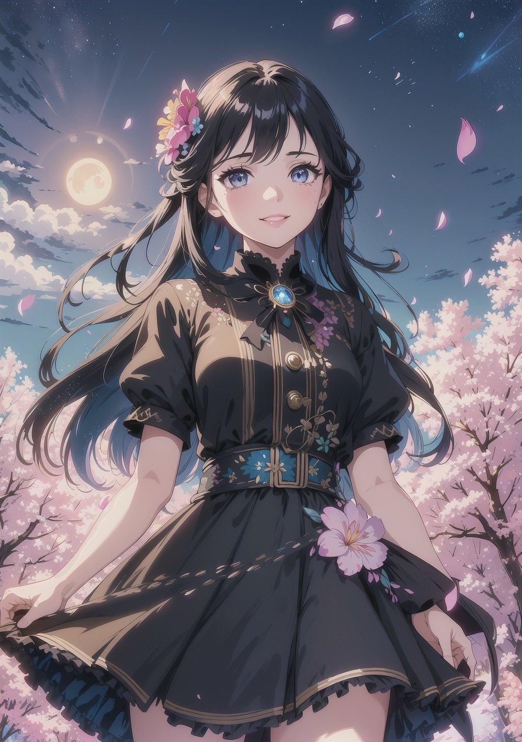 masterpiece, best quality,1girl, (colorful),(finely detailed beautiful eyes and detailed face),cinematic lighting,bust shot,extremely detailed CG unity 8k wallpaper,black hair,solo,smile,intricate skirt,((flying petal)),(Flowery meadow)sky, cloudy_sky, building, moonlight, moon, night, (dark theme:1.3), light, fantasy,
