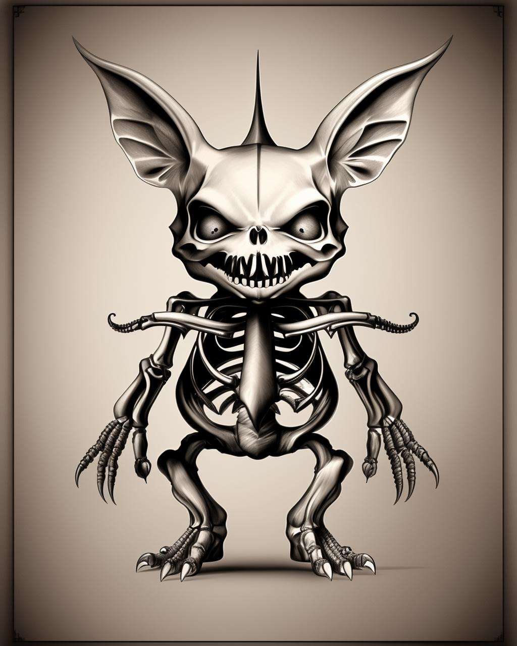 A grotesque anatomical study of a gremlin:2.0, depicting its diminutive stature:0.7, pointy ears:0.6, and mischievous grin:0.7, all executed with nightmarish attention to detail:0.9 in the macabre style of The Resurrectionist:1.0. , The_Resurrectionist , 