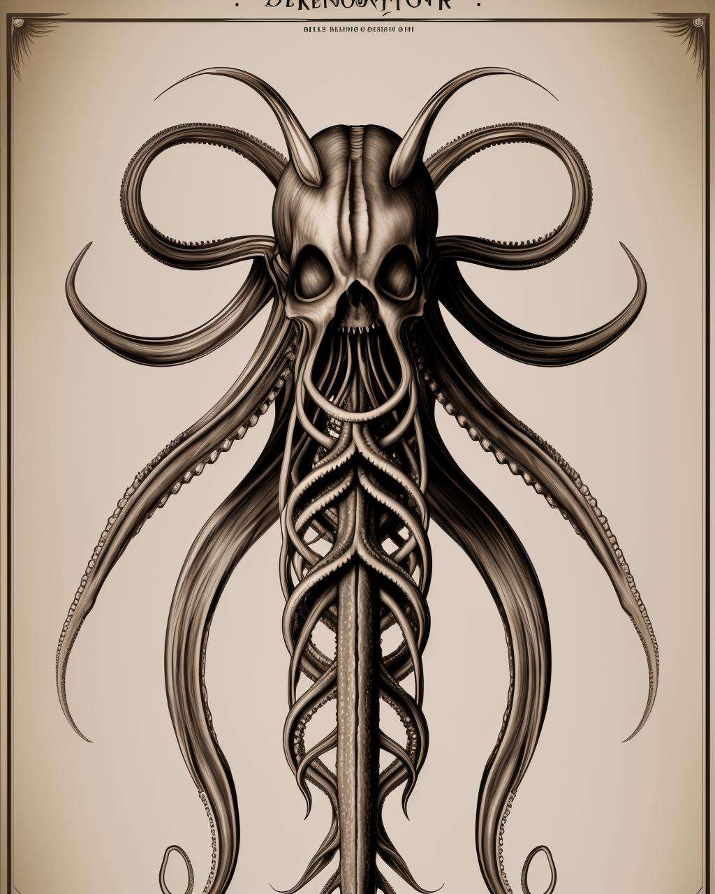 The_Resurrectionist , A disturbing dissection diagram of a kraken:2.0, with its massive tentacles:0.8 extending from its gargantuan cephalopod head:0.8, and its beak-like maw:0.7, all rendered in the chillingly realistic style of The Resurrectionist:1.0. , 