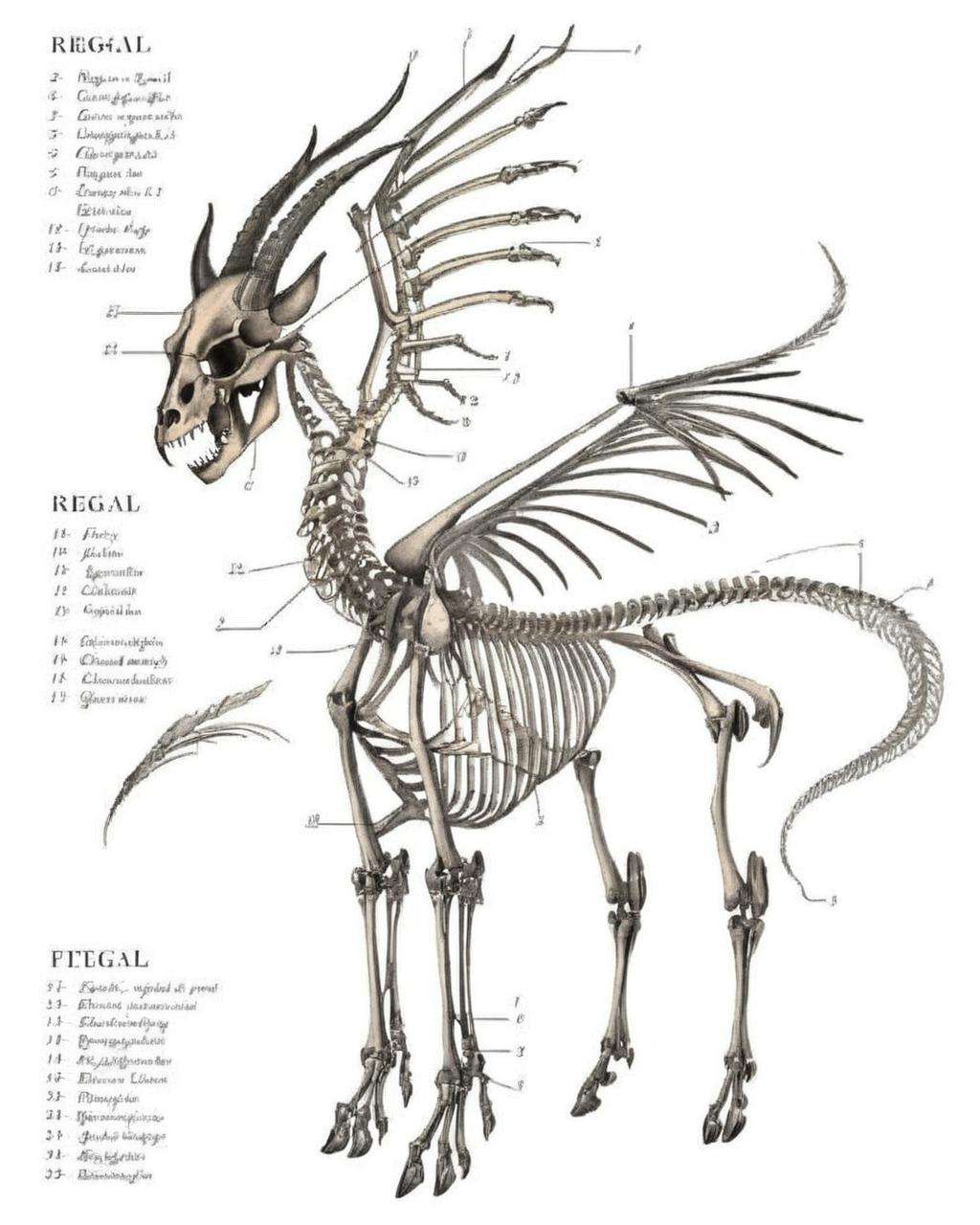 Skeleton of a celestial guardian, regal skull:0.15, ornate ribcage:0.2, divine limb bones:0.1, flowing tail vertebrae:0.15, radiant wings:0.15, haloed horns:0.1, celestial claws:0.05, ethereal fangs:0.1.<lora:The_Resurrectionist:1.0>