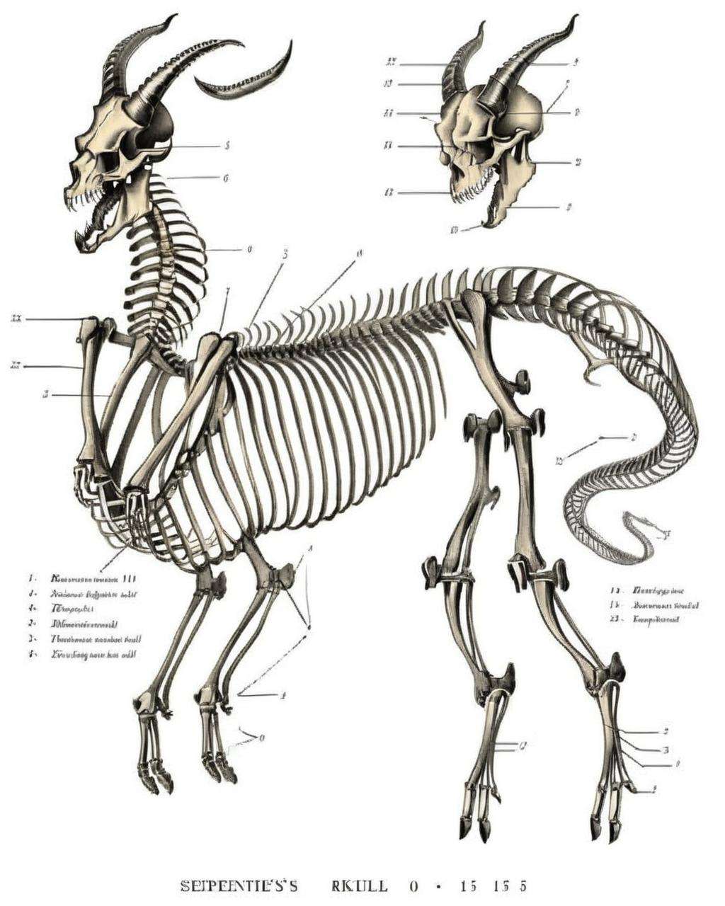 Mythical creature's skeletal anatomy illustration, serpentine skull:0.2, coiled ribcage:0.15, sinuous limb bones:0.2, segmented tail vertebrae:0.15, frilled wings:0.1, intricate horns:0.1, venomous fangs:0.1. , The_Resurrectionist<lora:The_Resurrectionist:1.0>