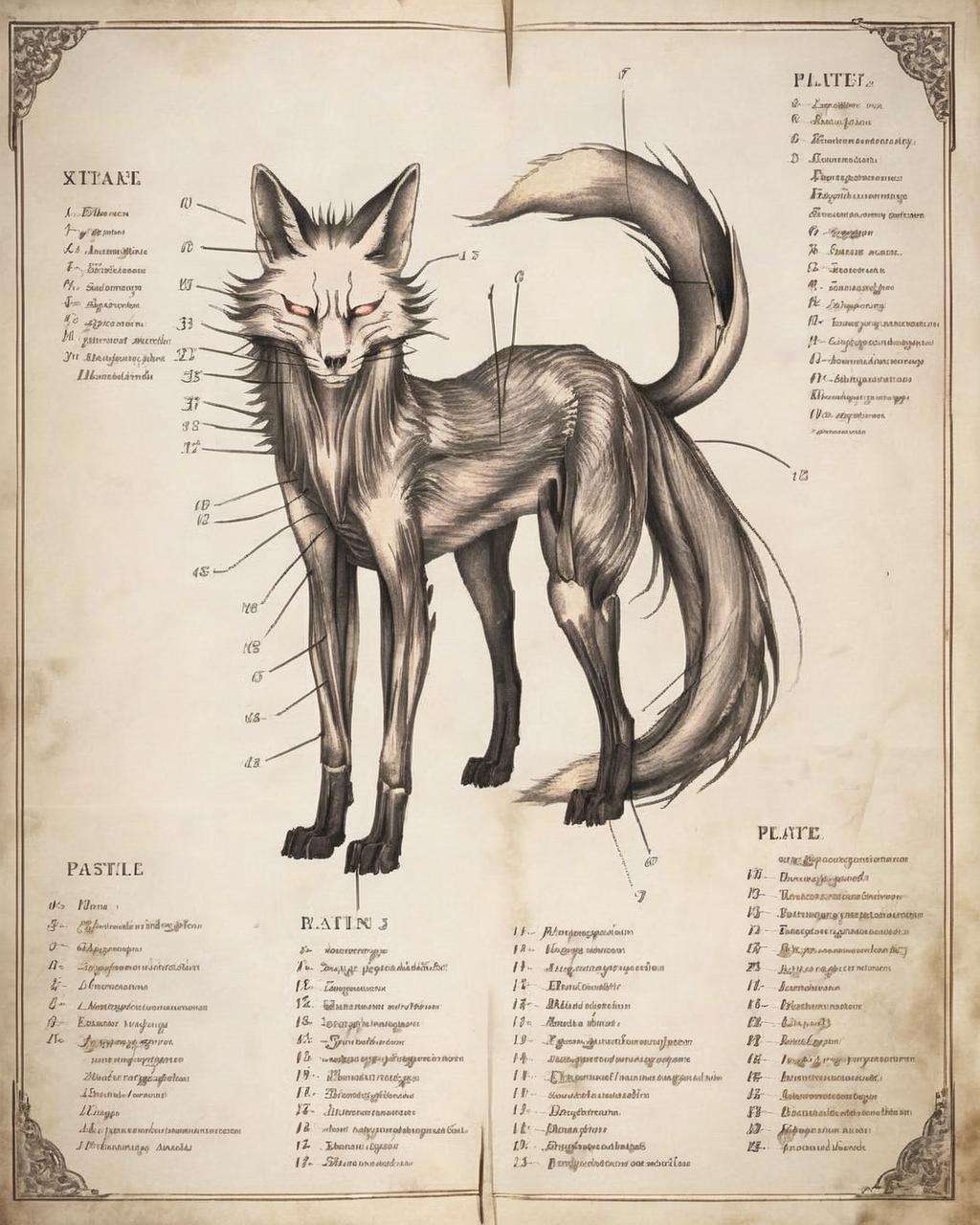 A nightmarish depiction of a kitsune:1.9, with its fox-like features:0.7, multiple tails:0.6, and a cunning, supernatural aura:0.6, all executed with meticulous attention to detail:0.9 in the unsettling style of The Resurrectionist:0.9. , The_Resurrectionist<lora:The_Resurrectionist:1.0>