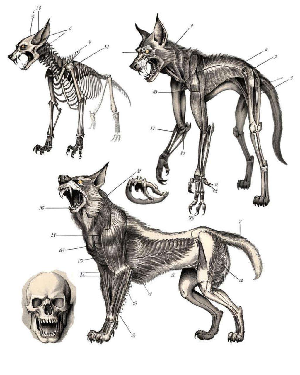 A grotesque anatomical study of a werewolf:2.0, depicting its lupine features:0.7, sharp claws:0.5, and feral snarl:0.6, all executed with nightmarish attention to detail:0.9 in the macabre style of The Resurrectionist:1.0. , The_Resurrectionist<lora:The_Resurrectionist:1.0>