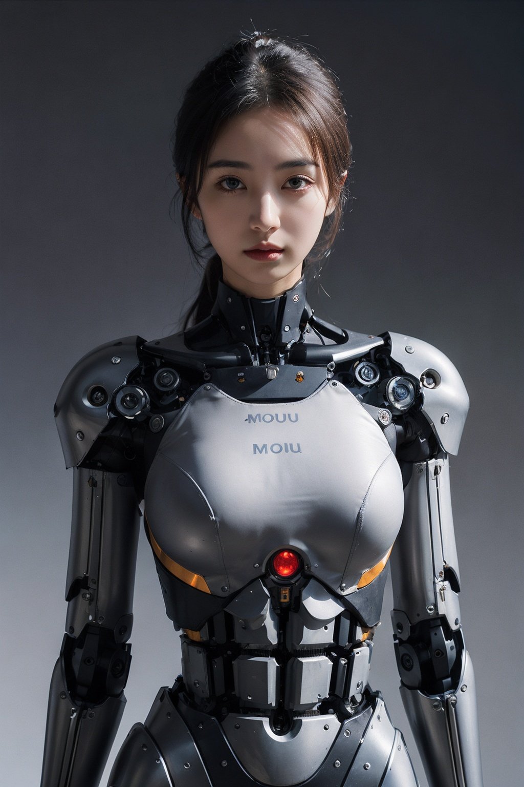 1girl,moyou,upper body,(mechanical body:1.3),robotic arm,solid background,