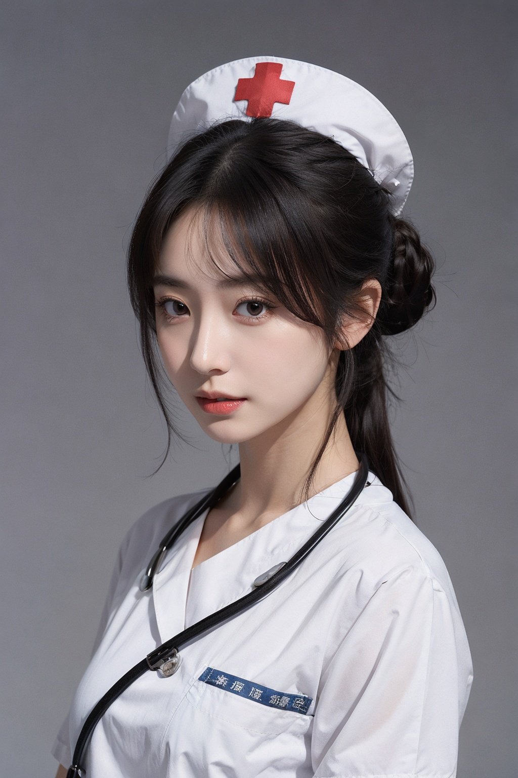 1girl,moyou,upper body,solid background,nurse,