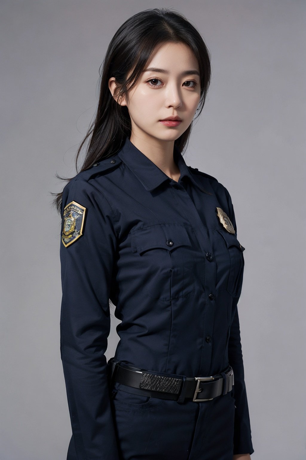 1girl,moyou,upper body,solid background,woman police officer,
