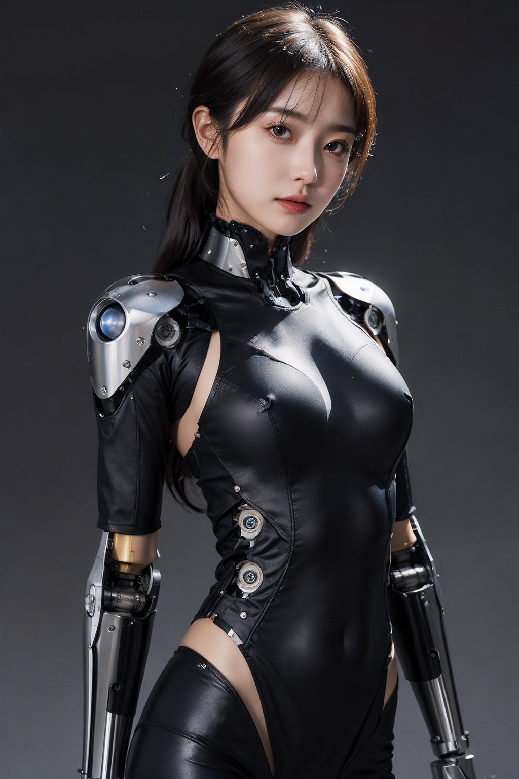 1girl,moyou,upper body,(mechanical body:1.2),robotic arm,solid background,