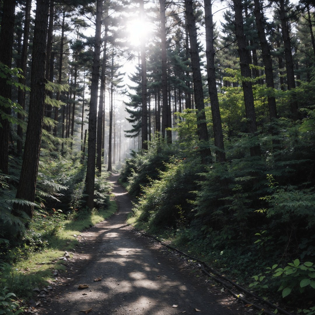 a beam of light in the forest,there is a small path,light shining on the path,intense light and shadow effects,