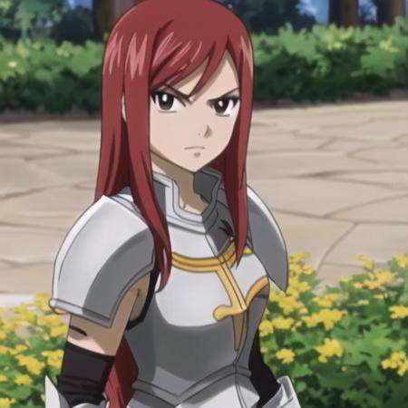 1girl, solo, erza scarlet, fairy tail, red hair, brown eyes, long hair, armor, looking at viewer, tree, breastplate, tattoo, shoulder armor, gauntlets,   <lora:erza:0.7><hypernet:sgqo1n:1.0>