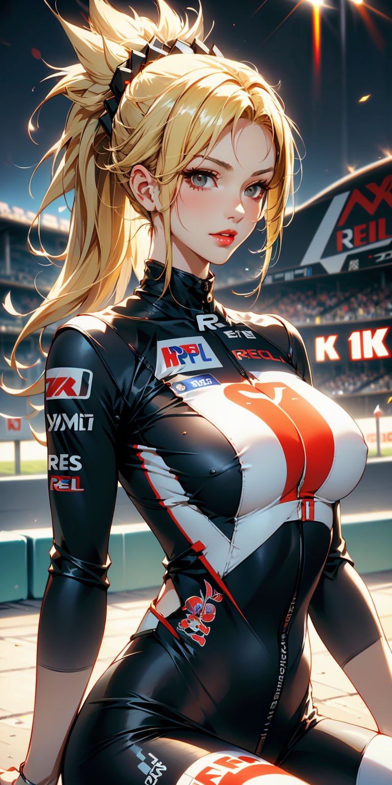 A very sexy and beautiful Japan pictures of woman, (round Girl:1.5), professional attire, (18 years old: 1.1), portrait of a girl with a bright smile, upper body image, When viewed from the back, the composition is symmetrical, (looking horizon:1.3), (motogp stadium:1.3), (sitting on motogp motorcycle:1.3), (((racing motogp background:1.5))), 
break, (shiny-blonde thin hair: 1.2), (saber fgo ponytail:1.3), dark brown eyes, beautiful eyes, princess eyes, ((blonde hair:1.3)), single hair, bangs, Hair between eyes, Long hair, slender:1.15, (big breast;1.15), (thin waist: 1.35), (detailed beautiful girl: 1.4), Parted lips, Red lips, (shiny skin), ((Perfect Female Body)), (Upper Body Image:1.3), Frame the Head, Perfect Anatomy, Perfect Proportions, 8.5 Life-Size, Face Focus, 
BREAK, 
(bare shoulder, Chest no bra, View viewer, (matte-pad dock red and white repsol bodysuit:1.3), high-leg-cut bodysuit:1.3, high-neck-zip-up bodysuit:1.3, detailed clothes,   
BREAK, 
(detailed motogp stadium background:1.2), (weather lighting: 1.3), (Cinematic lights: 1.3), (backlight: 1.3), dim lighting, lighting that covers the whole body,
BREAK, 
(Realistic, Photorealistic: 1.37), (Masterpiece, Best Quality: 1.2), (Ultra High Resolution: 1.2), (RAW Photo: 1.2), (Sharp Focus: 1.3), (Face Focus: 1.2), (Ultra Detailed CG Unified 8k Wallpaper: 1.2), (Beautiful Skin: 1.2), (pale Skin: 1.3), (Hyper Sharp Focus: 1.5), (Ultra Sharp Focus: 1.5), ( Beautiful pretty face: 1.3), (super detailed background, detail background: 1.3), Ultra Realistic Photo, Hyper Sharp Image, Hyper Detail Image, nurse,futureaodai,phSaber,1 girl, mordred pendragon fate grand order