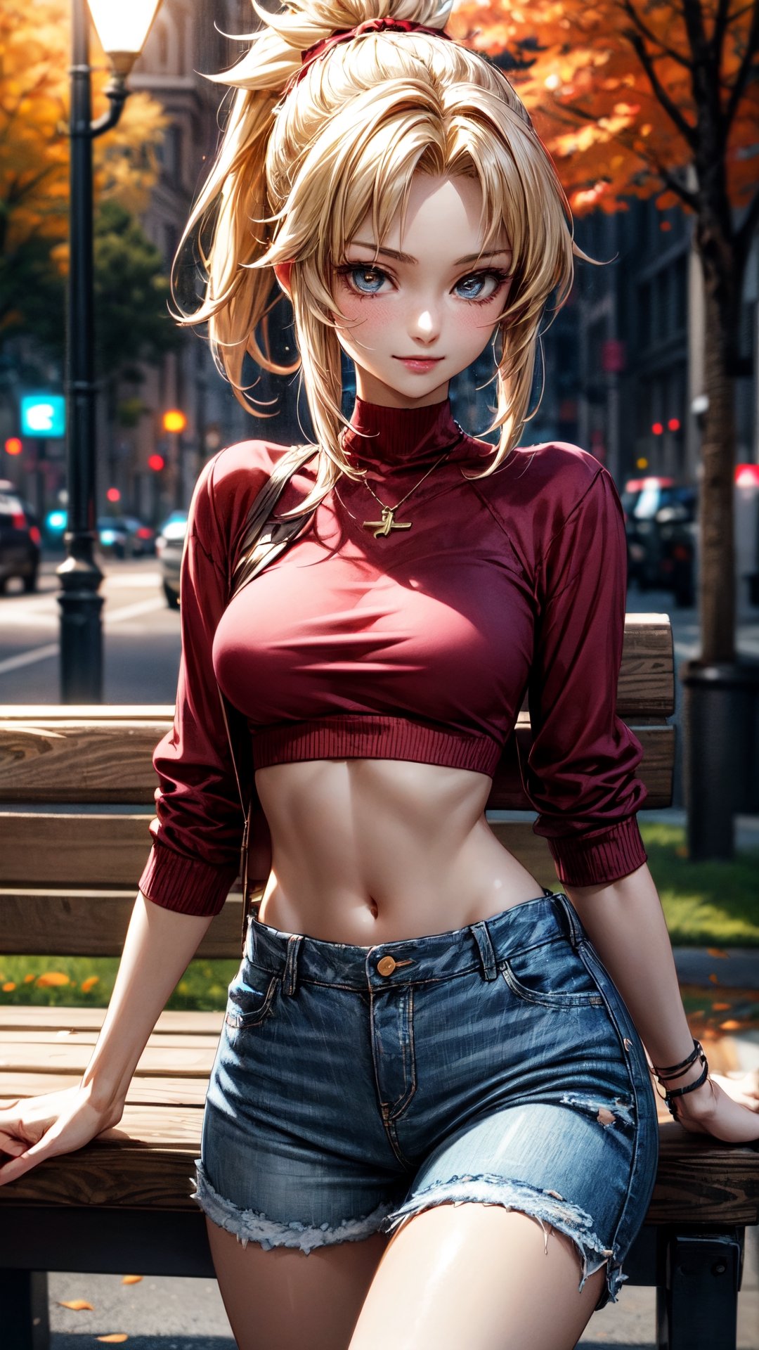 Beautiful realistic anime girl 17 years old, light smile, 8k masterpiece, ultra-realistic, UHD, highly detailed, best quality, natural breasts, beautiful body, light smile, Unreal Engine 5, beautiful light, cute girl, (sexy clothes, low top short, short jeans, bare abdomen, shy, submissive), long blonde hair, gray eyes, night, street, flash, flashlight, it's dark, park, bench, autumn, 1 girl, mordred pendragon fate grand order