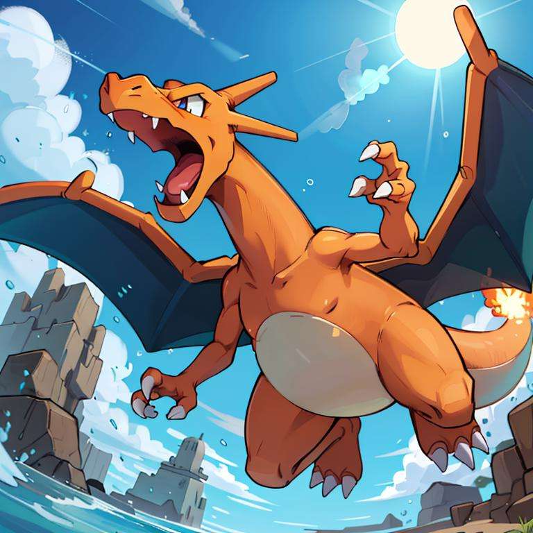 ((masterpiece,best quality)), absurdres, award winning photo,  Charizard_Pokemon, flame-tipped tail, two wings,3d, blue_sky, cloud, cloudy_sky, day, depth_of_field, explosion, jumping, motion_blur, no_humans, ocean, open_mouth, outdoors, pokemon_\(creature\),  sky, sun,  <lora:Charizard_Pokemon:0.8> 