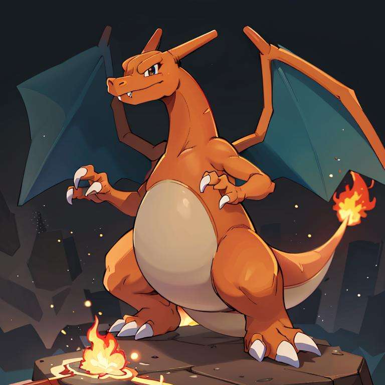 ((masterpiece,best quality)), absurdres, centered, award winning photo, (looking at viewer:1.2), |  Charizard_Pokemon, flame-tipped tail, wings, |lava, | bokeh, depth of field, cinematic composition, | <lora:Charizard_Pokemon:0.8> 