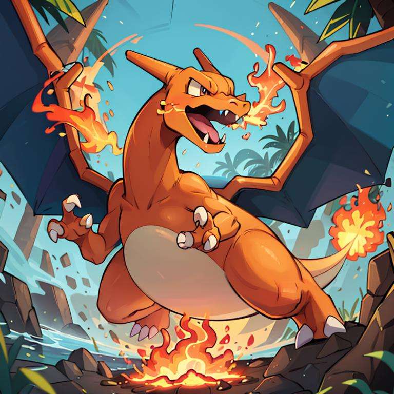 ((masterpiece,best quality)), absurdres, award winning photo,  Charizard_Pokemon, flame-tipped tail, two wings,breathing_fire, burning, tropical jungle,, day, embers, explosion, fire,, flame,, no_humans, ocean, open_mouth, pokemon_\(creature\), <lora:Charizard_Pokemon:0.8> 