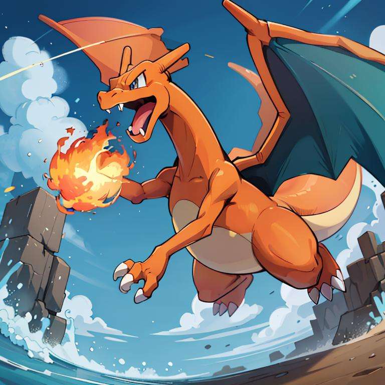 ((masterpiece,best quality)), absurdres, award winning photo,  Charizard_Pokemon, flame-tipped tail, wings,3d, blue_sky, cloud, cloudy_sky, day, depth_of_field, explosion, jumping, motion_blur, no_humans, ocean, open_mouth, outdoors, pokemon_\(creature\),  sky, sun,  <lora:Charizard_Pokemon:0.8> 