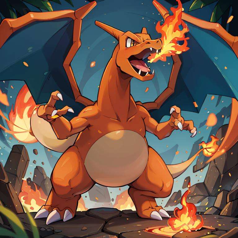 ((masterpiece,best quality)), absurdres, award winning photo,  Charizard_Pokemon, flame-tipped tail, two wings,breathing_fire, burning, tropical jungle,, day, embers, explosion, fire,, flame,, no_humans, ocean, open_mouth, pokemon_\(creature\), <lora:Charizard_Pokemon:0.8> 