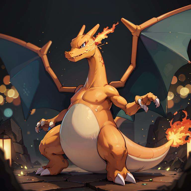 ((masterpiece,best quality)), absurdres, (looking at viewer:1.2), |  Charizard_Pokemon, flame-tipped tail, wings, |lava, | bokeh, depth of field, cinematic composition, | <lora:Charizard_Pokemon:0.8> 