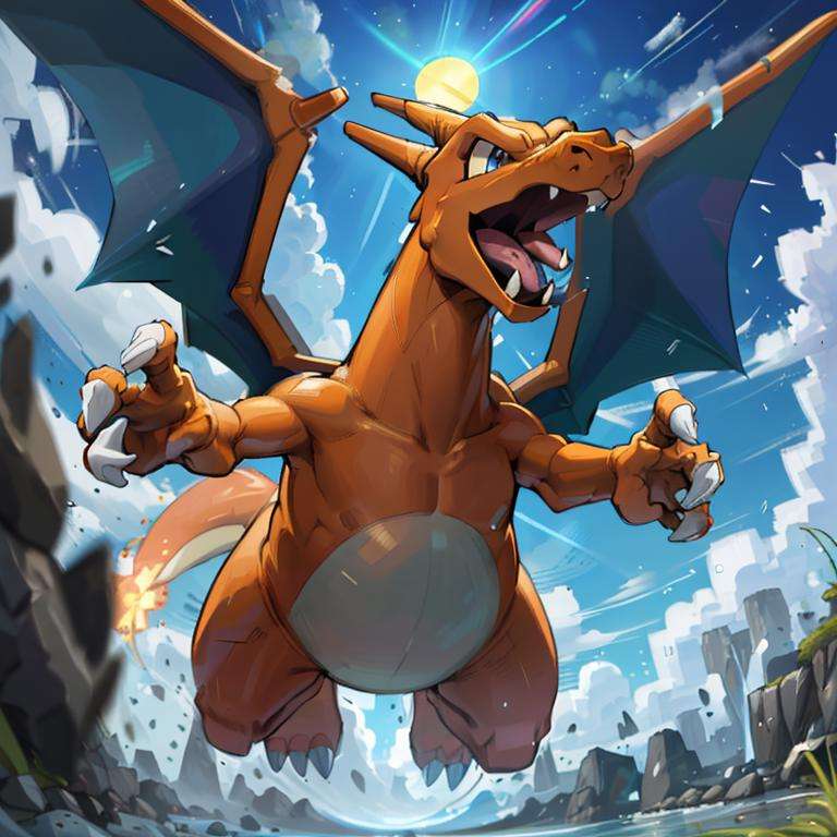 ((masterpiece,best quality)), absurdres,award winning photo,Charizard_Pokemon, flame-tipped tail, two wings,3d, blue_sky, cloud, cloudy_sky, day, depth_of_field, jumping, flying, motion_blur, no_humans, ocean, open_mouth, outdoors, pokemon_\(creature\),  sky, sun,  <lora:Charizard_Pokemon:0.8>