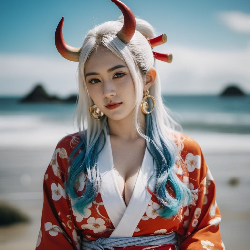 xxmixgirl, a (candid:2) shot of a beautiful japanese shy girl, with white hair, with red horns, with orange eyes, with (very large breasts:1.9),with earrings, wearing a kimono, age 21, yamato, one_piece, on a island, (full body:1.5), shot on Fujifilm XT4, (film grain:1.2), (fine grain:1.2), (Lomochrome color film:1.4), (NSFW:1.3)