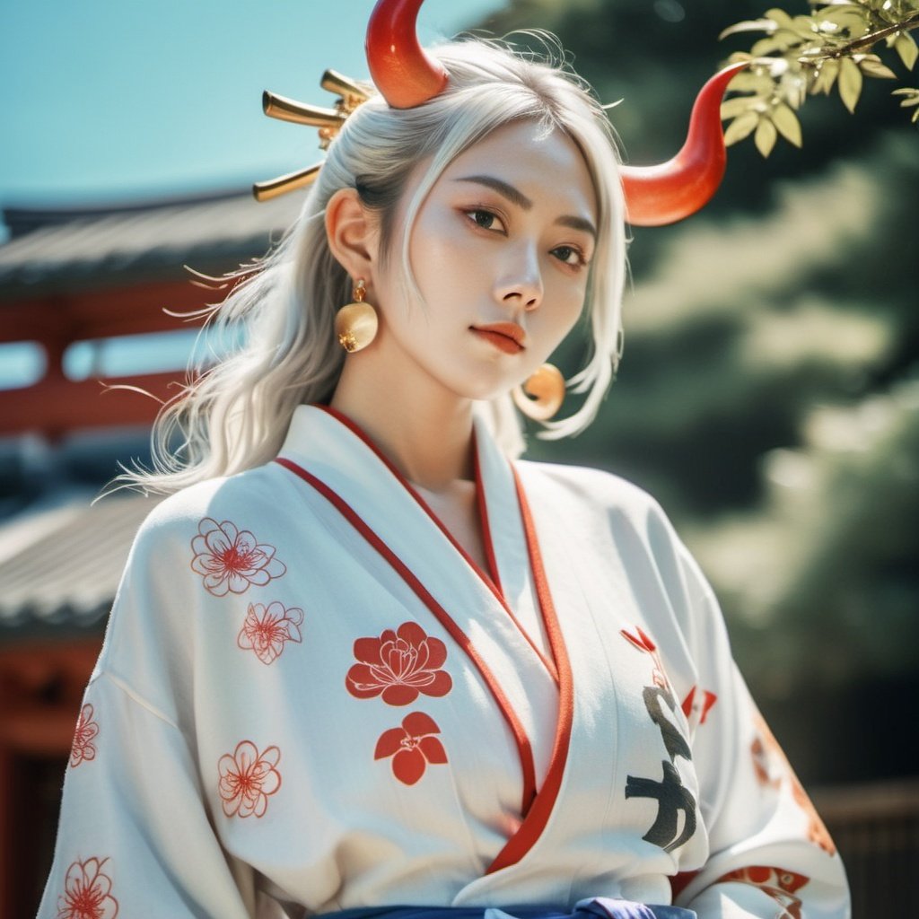 xxmixgirl, a (candid:2) shot of a beautiful japanese shy girl, with white hair, with red horns, with orange eyes, with (very large breasts:1.9),with earrings, wearing a kimono, age 21, yamato, one_piece, on a island, (full body:1.5), shot on Fujifilm XT4, (film grain:1.2), (fine grain:1.2), (Lomochrome color film:1.4)