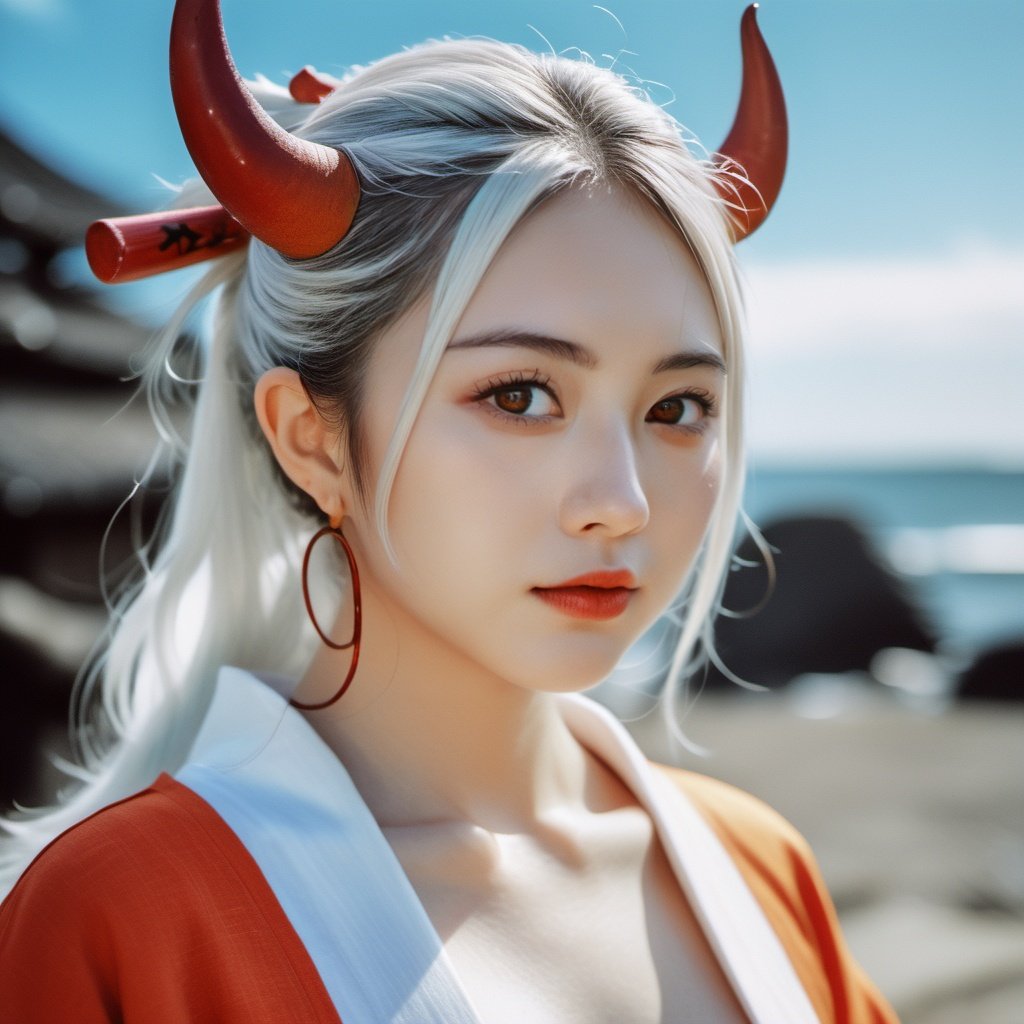 xxmixgirl, a (candid:2) shot of a beautiful japanese shy girl, with white hair, with red horns, with orange eyes, with (very large breasts:1.9), wearing a kimono, age 21, yamato, one_piece, on a island, shot on Fujifilm XT4, (film grain:1.2), (fine grain:1.2), (Lomochrome color film:1.4)