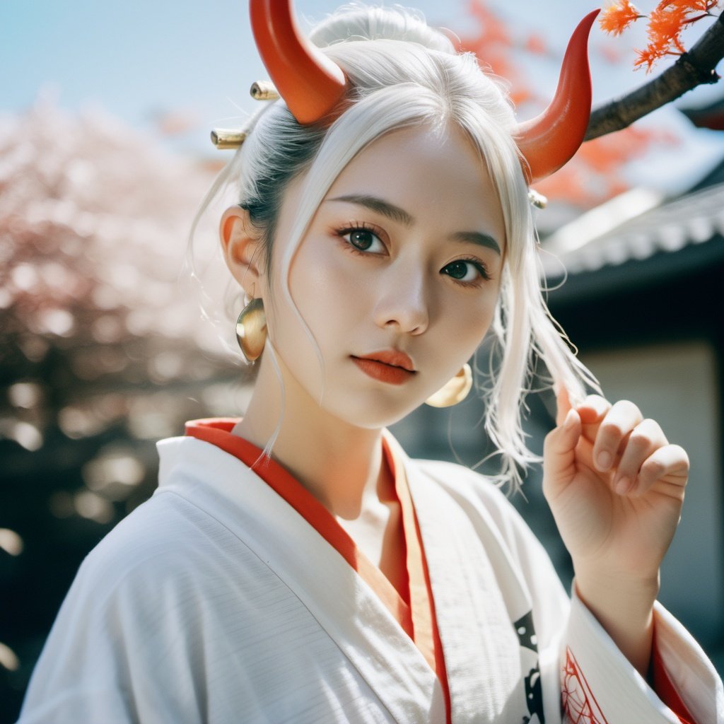 xxmixgirl, a (candid:2) shot of a beautiful japanese shy girl, with white hair, with red horns, with orange eyes, with (very large breasts:1.9), wearing a kimono, age 21, yamato, one_piece, on a island, shot on Fujifilm XT4, (film grain:1.2), (fine grain:1.2), (Lomochrome color film:1.4)