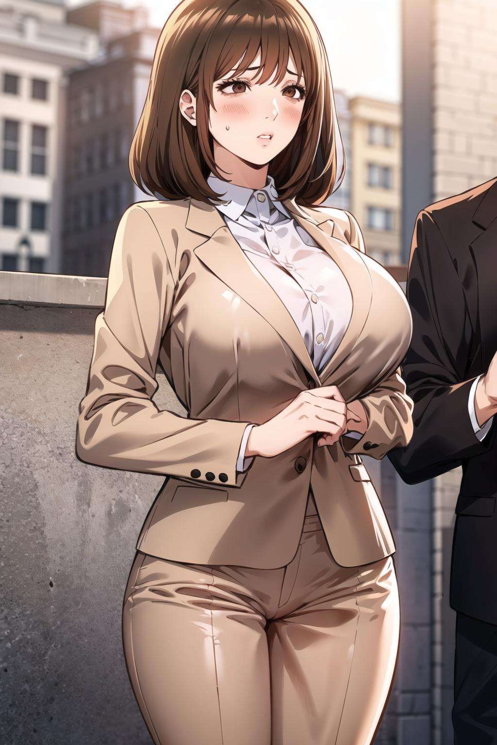 1girl, solo, brown hair, medium hair large breast, brown eyes,  <lora:hari-20:1>, blush, embarrassed, business suit, suit, 