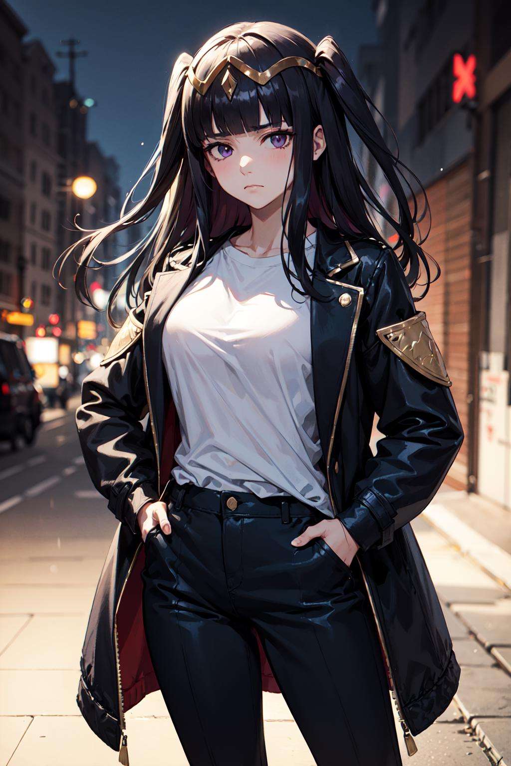 tharja_(fire_emblem), 1girl, long hair, black hair, blunt bangs, purple eyes, solo, two side up, tiara, large breast, jacket, open jacket, white shirt, black pants, hand on hip <lora:tharja-03:1> frown,  focus, bokeh, depressed, empty eyes, facing viewer, 