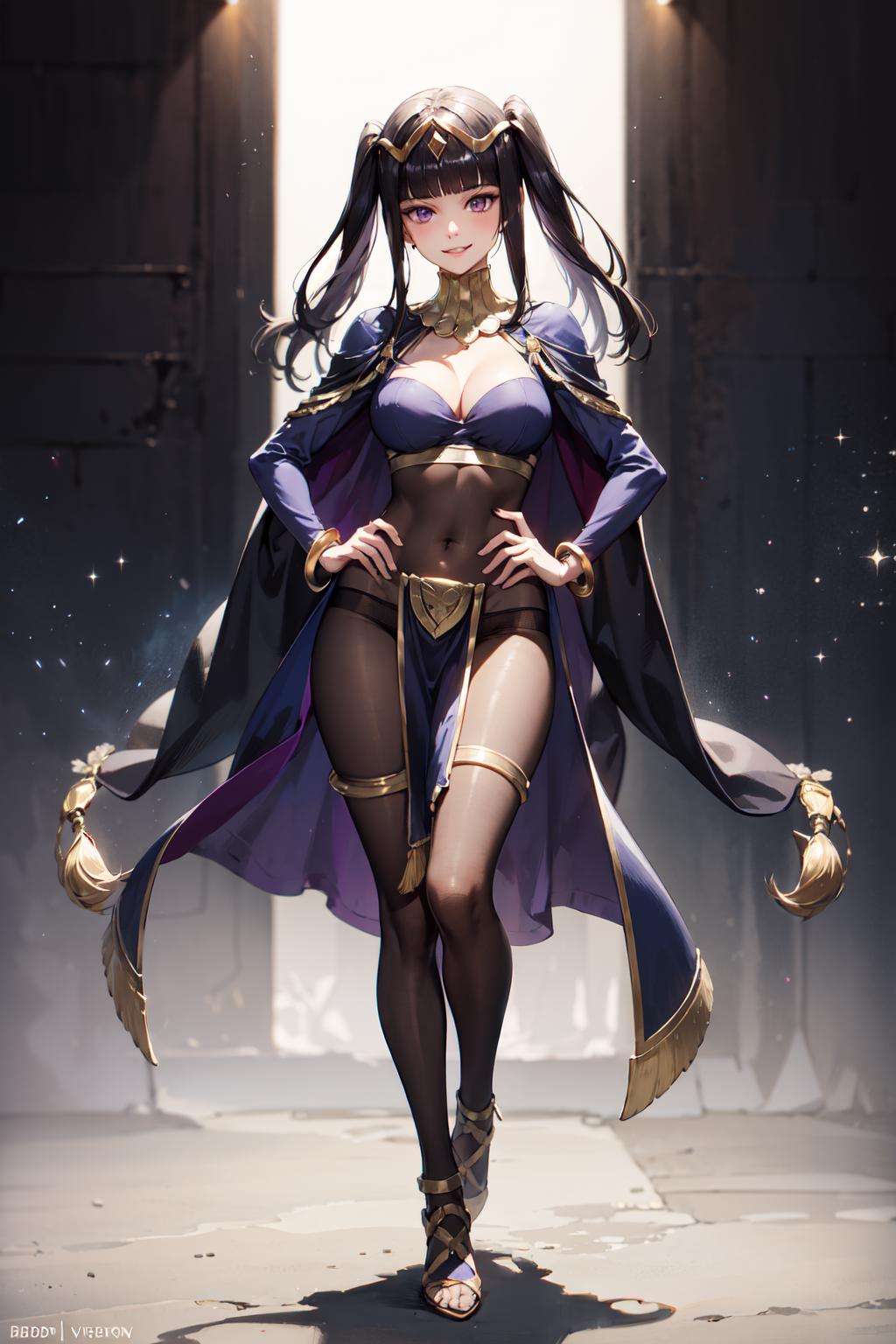 tharja_(fire_emblem), 1girl, long hair, black hair, blunt bangs, purple eyes, solo, two side up, tiara, large breast, jewelry, cape , full bodysuit, bracelet, loincloth, see through,  bodystocking,  <lora:tharja-03:1> standing, hand on hip, smile, focus, bokeh, 