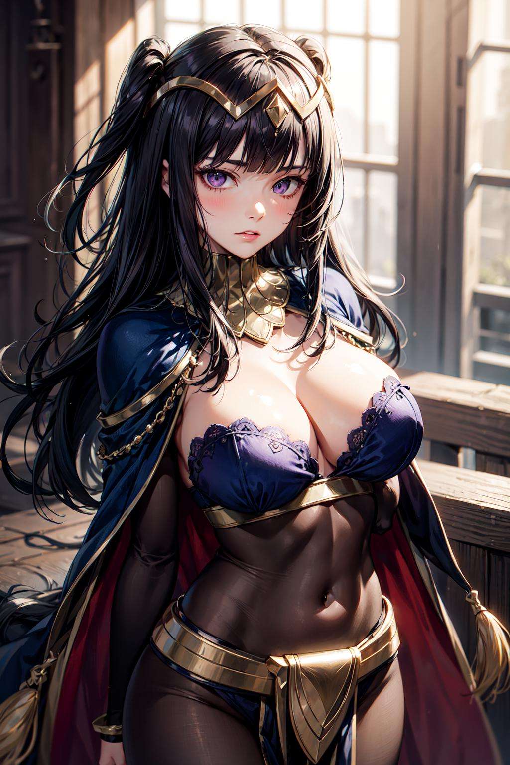 tharja_(fire_emblem), 1girl, long hair, black hair, blunt bangs, purple eyes, solo, two side up, tiara, large breast, jewelry, cape , full bodysuit, bracelet, loincloth, see through,  bodystocking, expressionless, empty eyes,  <lora:add_detail:0.7> <lora:tharja-03:1> facing viewer, bokeh, arms behind back, 