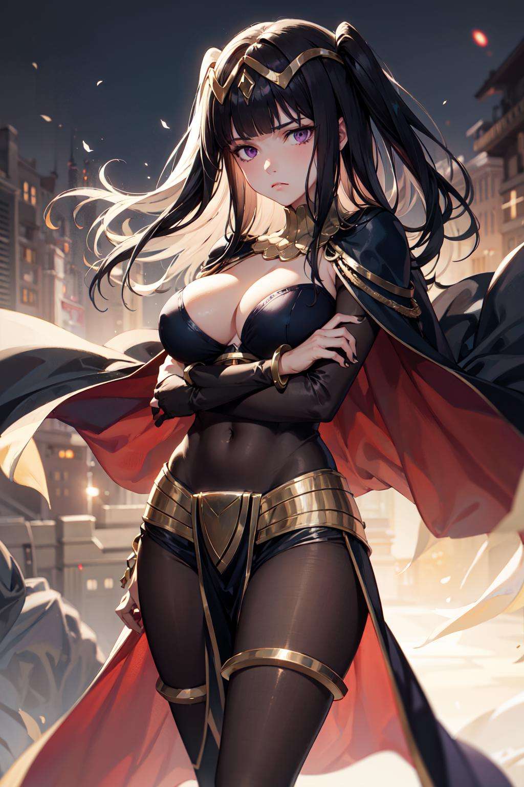 tharja_(fire_emblem), 1girl, long hair, black hair, blunt bangs, purple eyes, solo, two side up, tiara, large breast, jewelry, cape , full bodysuit, bracelet, loincloth, see through,  bodystocking,  <lora:tharja-03:1> frown,  focus, bokeh, depressed, empty eyes, facing viewer, 