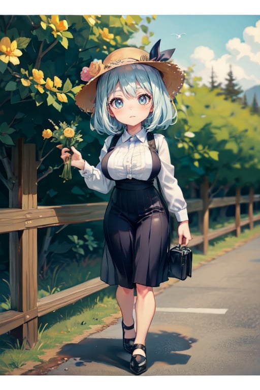 oppai_loli, loli, big_breasts, yellow_dress_with_flowers, straw_hat, park_background, long_hair, blue_eyes