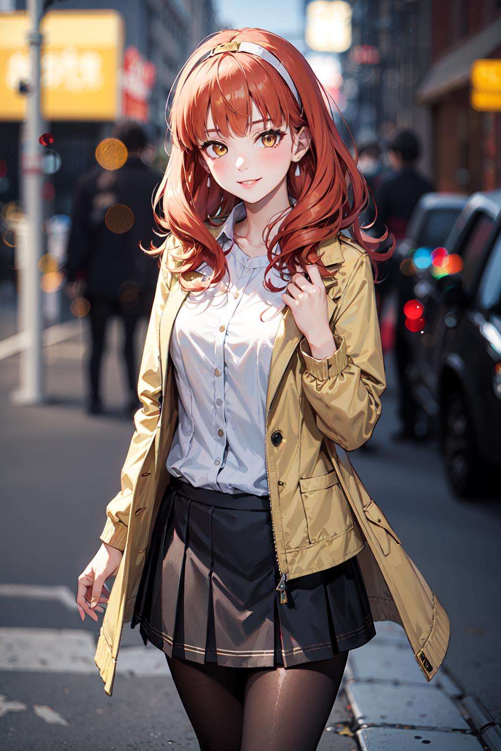 1girl, yellow eyes, long hair, red hair, red eyes, solo, tiara, hairband, <lora:celica-05:1>, white shirt, jacket, open jacket, skirt, pantyhose, simple background, bokeh, depth of field, smile, 