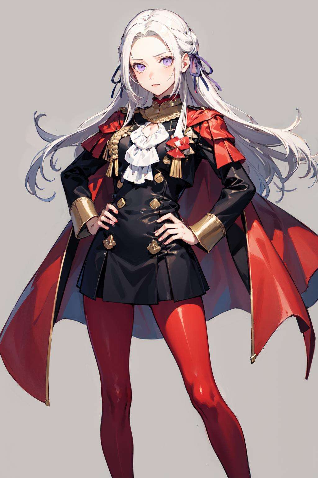 <lora:Edelgard-03:1>, edelgard, 1girl, long hair, purple eyes, solo, looking at viewer, cape, hair ornament, ribbon, uniform, simple background, hand on hip, standing, red pantyhose, 