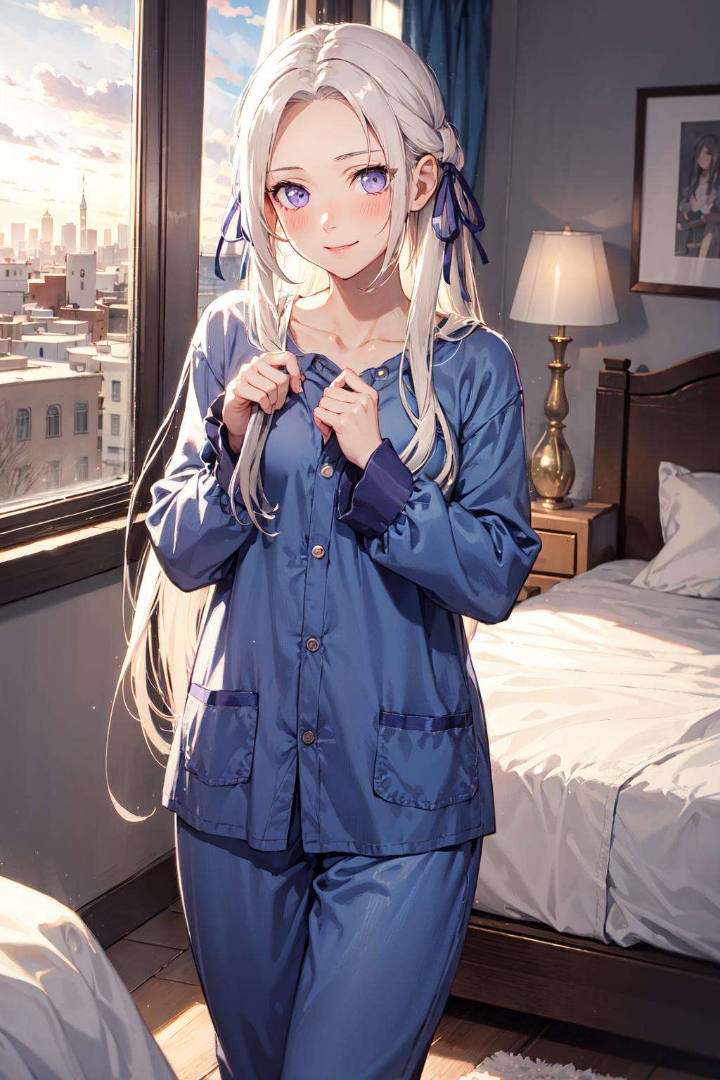 <lora:Edelgard-03:1>, edelgard, 1girl, long hair, purple eyes, solo, hair ornament, ribbon, smile, blush, pajamas, sleepwear, bedroom, bed, window, cities, standing, 