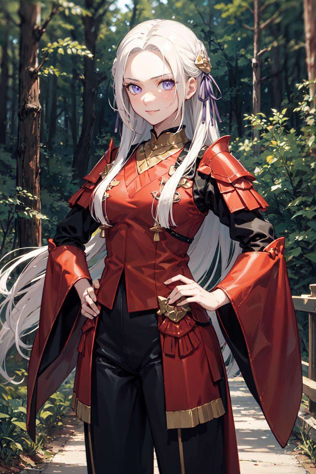 <lora:Edelgard-03:1>, edelgard, 1girl, long hair, purple eyes, solo, hair ornament, ribbon, serious face, forest, japanese armor, samurai armor, standing, forest, smile, hand on hip