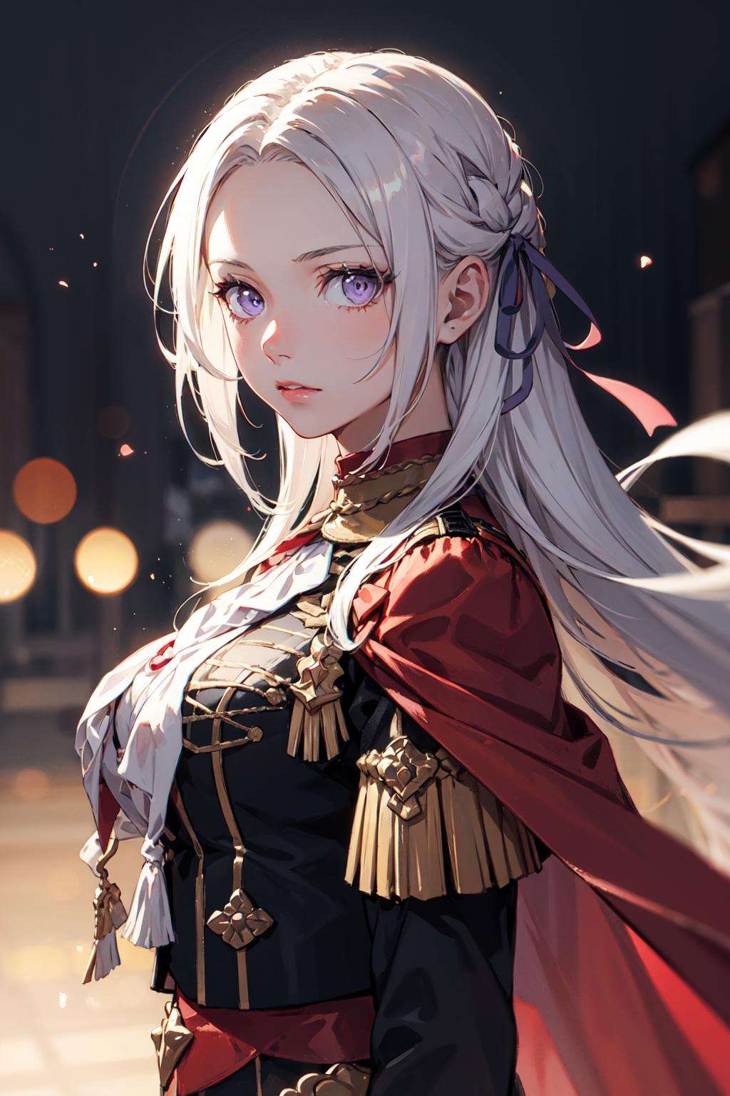 edelgard, 1girl, long hair, purple eyes, solo, looking at viewer, cape, hair ornament, ribbon, uniform, simple background, large breasts, focus, depth of field, bokeh, garreg mach monastery uniform,  <lora:Edelgard-03:1>, facing viewer, 