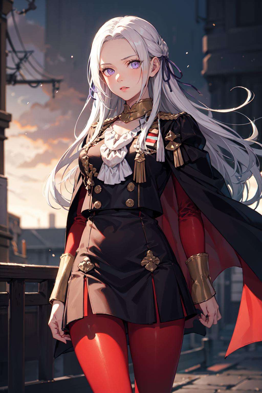 edelgard, 1girl, long hair, purple eyes, solo, white hair, looking at viewer, standing, red_pantyhose, cape, hair ornament, ribbon, uniform, simple background, large breasts, focus, depth of field, bokeh,  <lora:Edelgard-03:1>, facing viewer, 