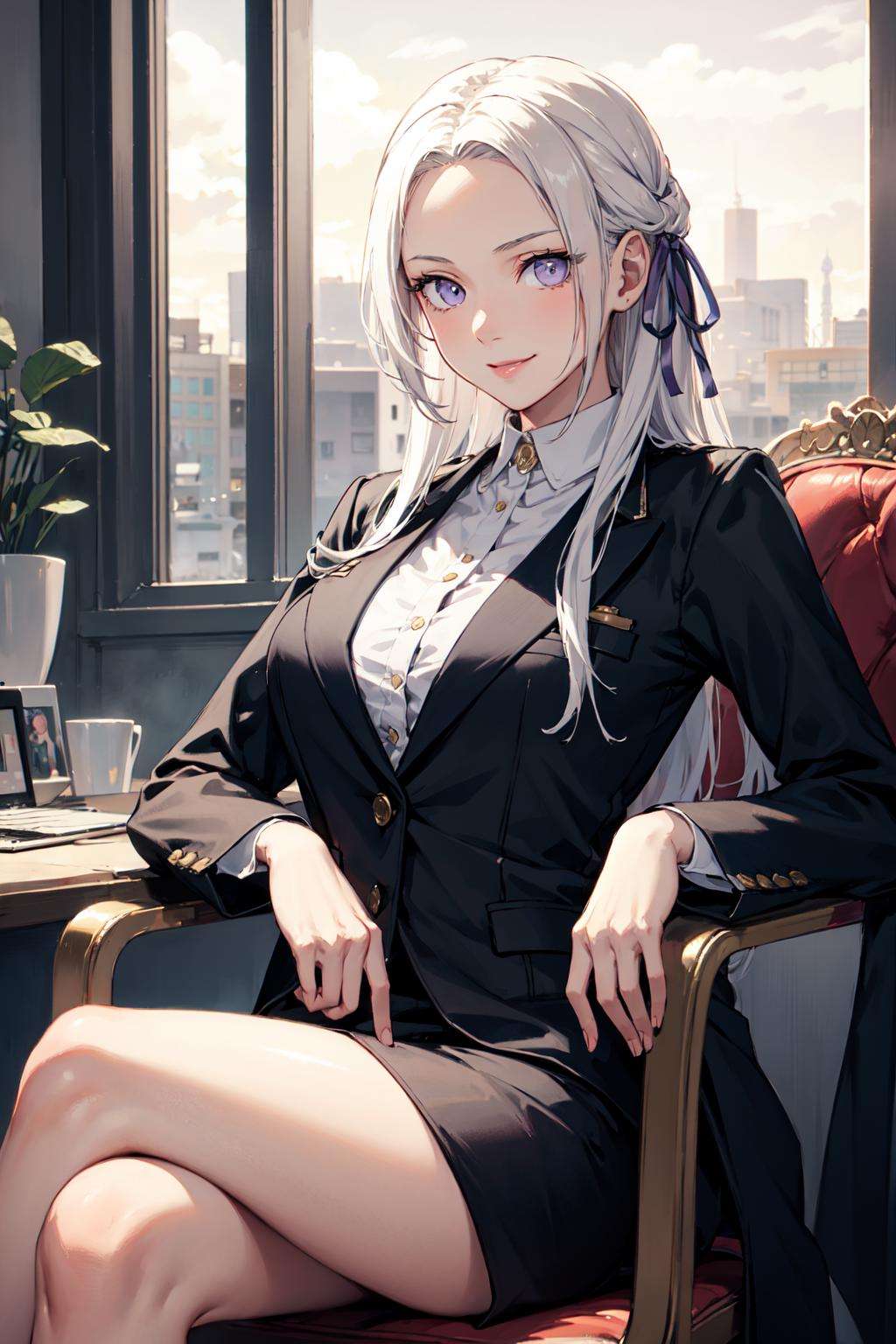 <lora:Edelgard-03:1>, edelgard, 1girl, long hair, purple eyes, solo, hair ornament, ribbon, sitting, on chair, chair, window, indoors, city, large breasts, suit, business suit, coat, open coat, crossed legs, bright_smile 