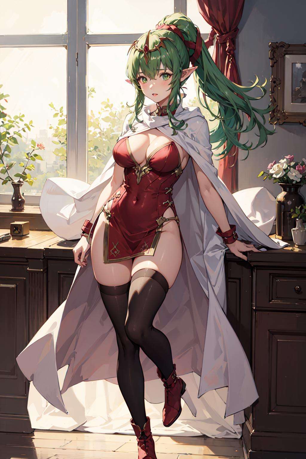 1girl, green hair, pointy ears, long hair, ponytail, green eyes, solo, tiara, pink dress, dress, jewelry, hair ornament, large breasts,  mature female, facing viewer,   <lora:tiki-03:1>, cape , thighhighs, boots, short dress, 