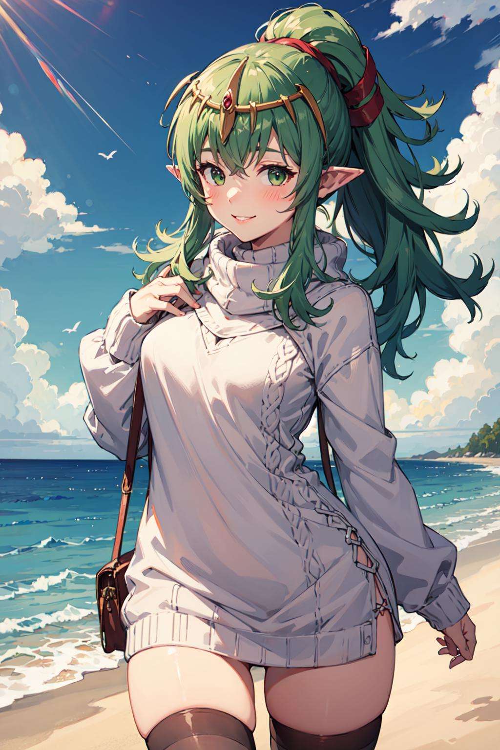 1girl, green hair, pointy ears, long hair, ponytail, green eyes, solo, tiara, sweater dress, sweater, thighhighs, wide hips,  facing viewer, <lora:tiki-03:1>, smile, blush, 