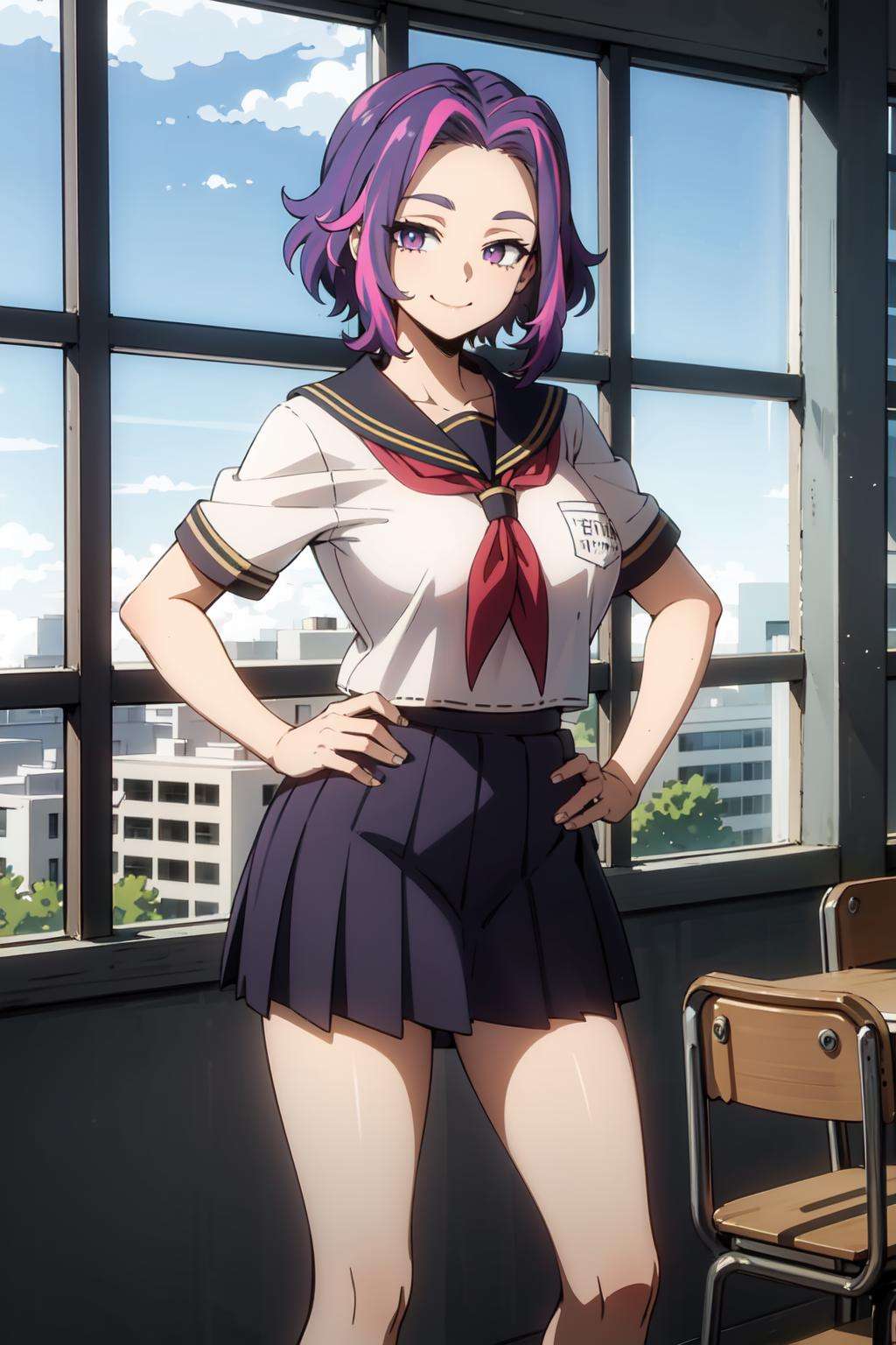 1girl, short hair, purple hair, multicolored hair, purple eyes,  large breasts,  focus, standing, <lora:nagant-09:0.8>,  <lyco:GoodHands-beta2:1>, hand on hip, classroom, window, clouds, facing viewer, smile,  serafuku, white school uniform,  red neckerchief, black skirt, pleated skirt, 