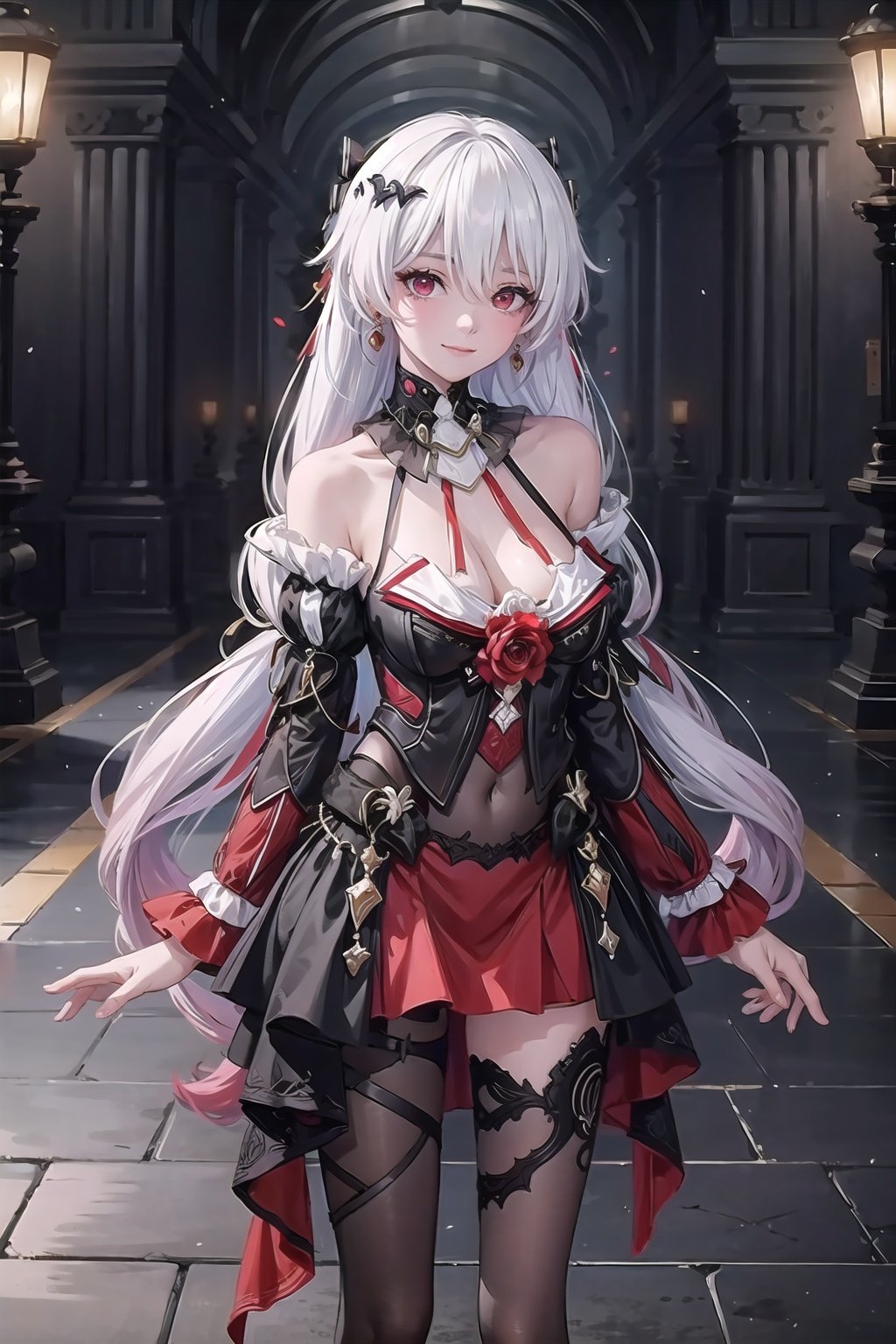 (((extremely detailed CG))),  ((high resolution)),  (masterpiece),  best quality, hyper detailed, full body,  cowboy shot, depth_of_field,  cinemaitic lighting

dayuexia,1girl, solo,red eyes, long hair, twintails, large breasts, cleavage,bangs, looking at viewer, thighhighs, black dress, closed mouth, white hair, long sleeves, hair ornament, flower, hair between eyes, smile, black footwear