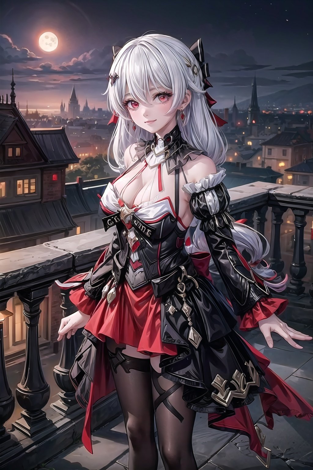 (((extremely detailed CG))),  ((high resolution)),  (masterpiece),  best quality, hyper detailed, full body,cowboy shot,depth_of_field,  cinemaitic lighting

dayuexia,1girl, solo,red eyes, long hair, twintails, large breasts, cleavage,bangs, looking at viewer, thighhighs, black dress, closed mouth, white hair, long sleeves, hair ornament, flower, hair between eyes, smile, black footwear

castle,balcony,night,(moonlit night:1.2)

